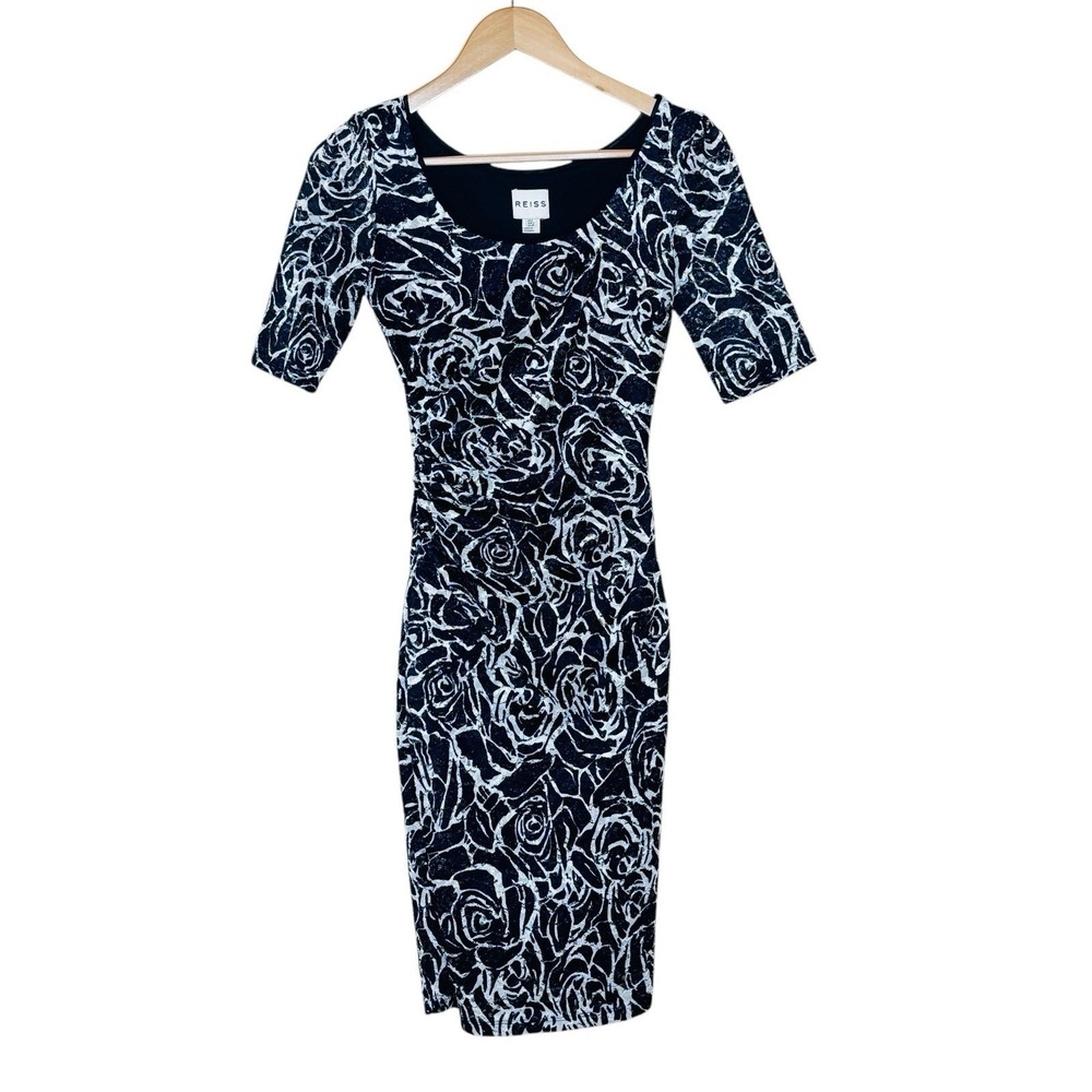 Reiss Cindy Bodycon Midi Dress Womens Size 4 Navy Abstract Retro Office Siren - Picture 2 of 10